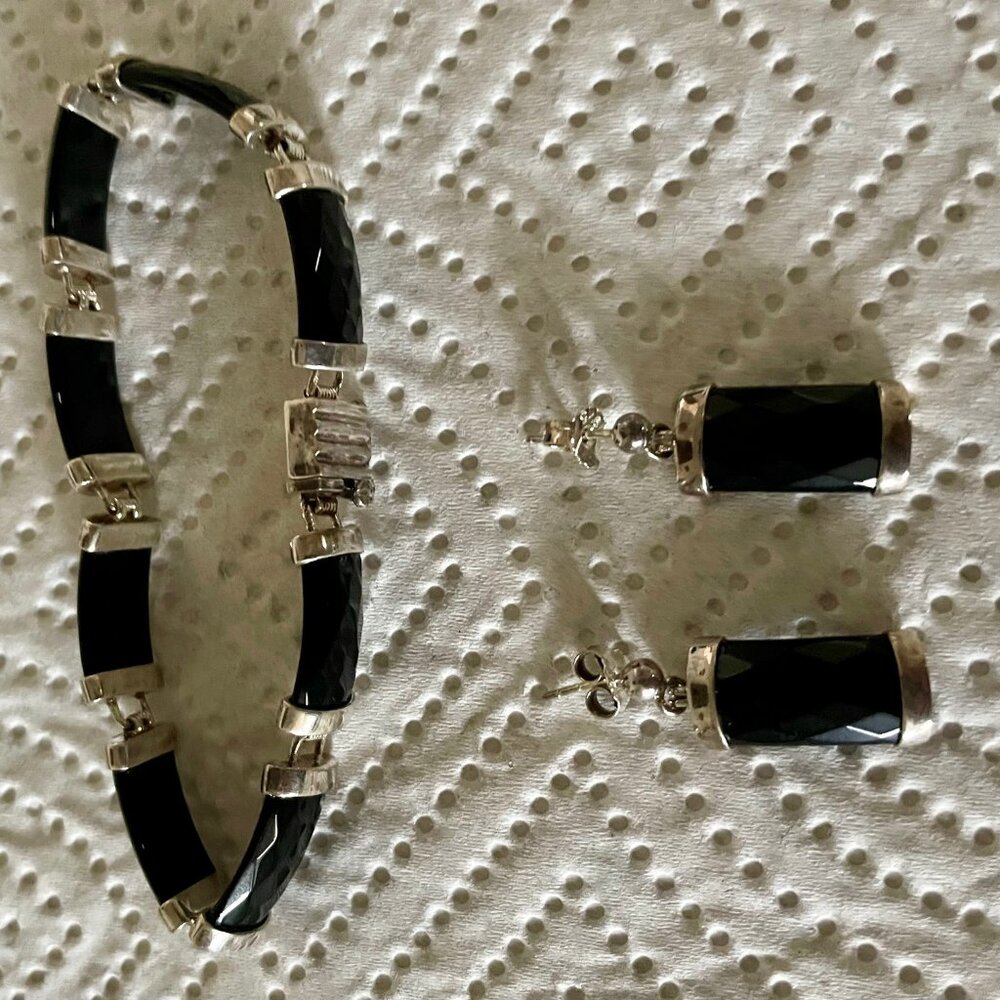 Sterling Silver Black Onyx Brecelet and Earrings Set